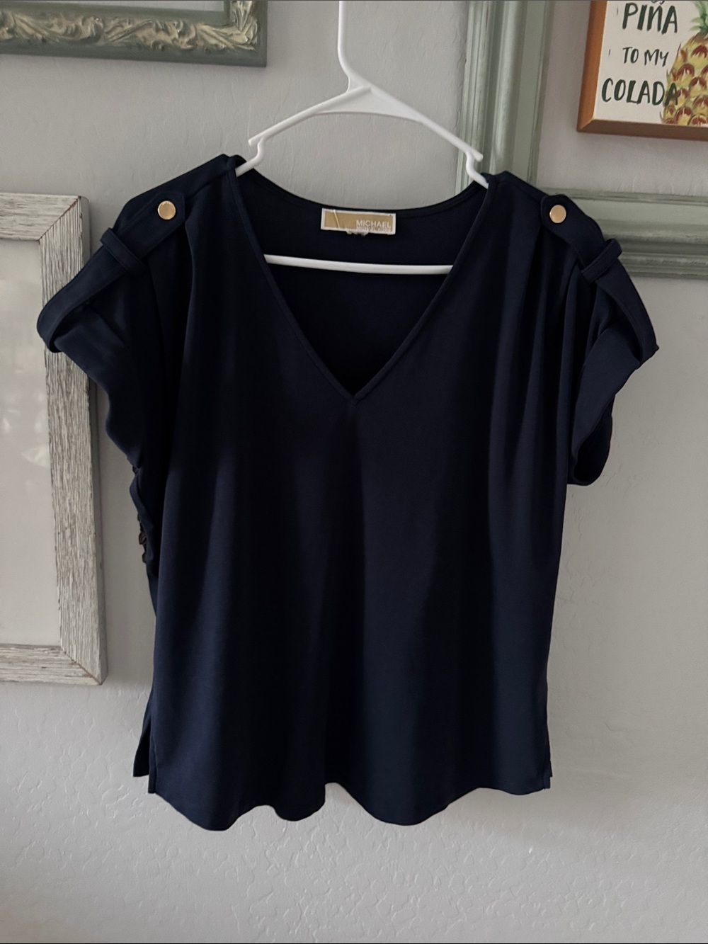 Michael Kors Dark Navy V-Neck Short Sleeve Top with Shoulder Tabs XL